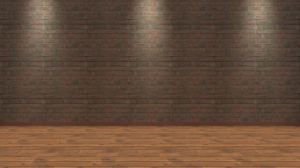 3d render, parquet floor and brick wall with three lights stock photo