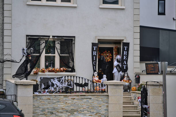 Beautiful and spooky Halloween decoration on house in Dublin City Centre stock photo