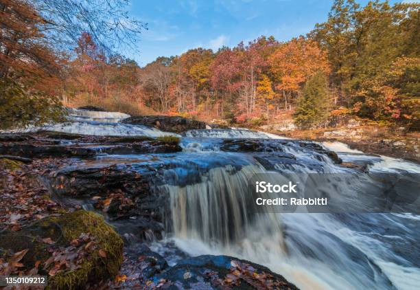 Shohola Falls In The Pennsylvania Poconos On A Beautiful Fall Morning Surrounded By Peak Fall Foliage Stock Photo - Download Image Now