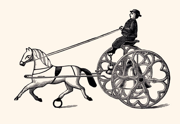 HORSE RACING : CHILDREN'S TOY  (XXXL) Children's wheel toy: Horse racing. Vintage engraving circa late 19th century. Digital restoration by Pictore. chariot racing stock illustrations