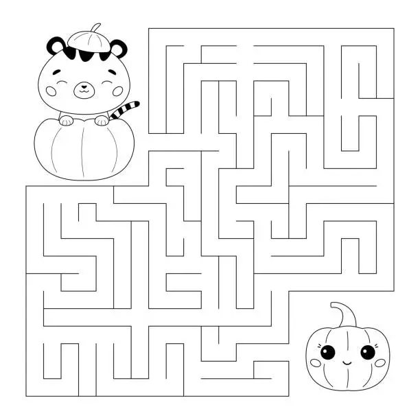 Vector illustration of Halloween coloring page. Educational maze game.