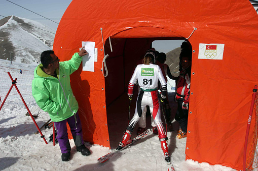Palandoken, Turkey - March 08: Sportsman starting ski on March 08, 2008 in Erzurum, Turkey. Palandoken is known as the best mountain in Turkey for skilled skiers.