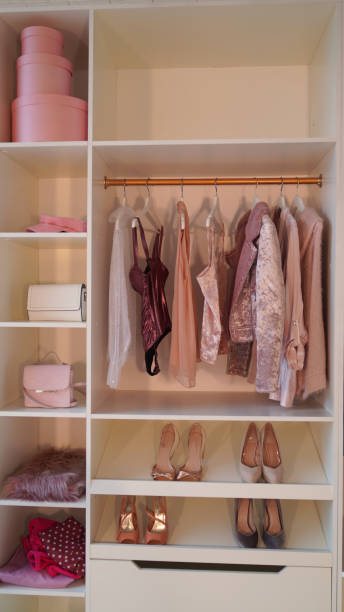 istock Close-up of interior design wardrobe. Modern light women's dressing room with various things 1350116625