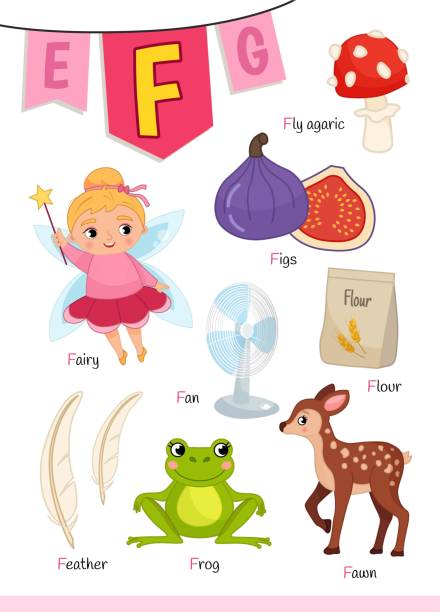 ilustrações de stock, clip art, desenhos animados e ícones de english alphabet with cartoon cute children illustrations. - letter f flash