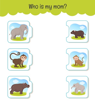 Matching children educational game. Who is my mom? Activity for pre shool years kids and toddlers. Mothers animals and their babies.