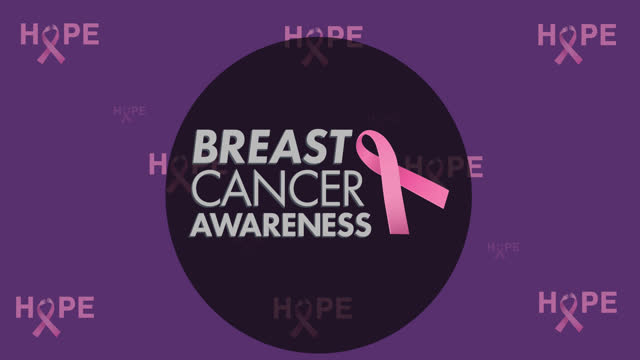 Animation of breast cancer awareness text over pink breast cancer ribbons