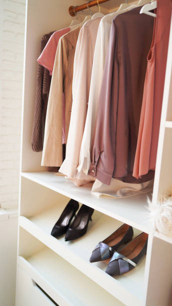 istock Close-up of interior design wardrobe. Modern light women's dressing room with various things 1350119482