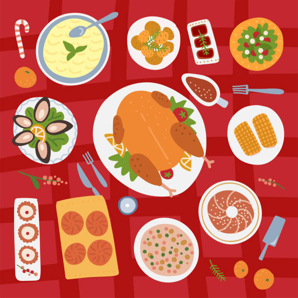 Xmas feast view from above. Traditional Christmas dishes on red tablecloth background. Holiday food on a table. Top view on festive New Year eating. Vector flat hand drawn illustation. Traditional Christmas dishes on red tablecloth background. Holiday food on a table. Top view on festive New Year eating. Vector flat hand drawn illustation meal dinner food plate stock illustrations