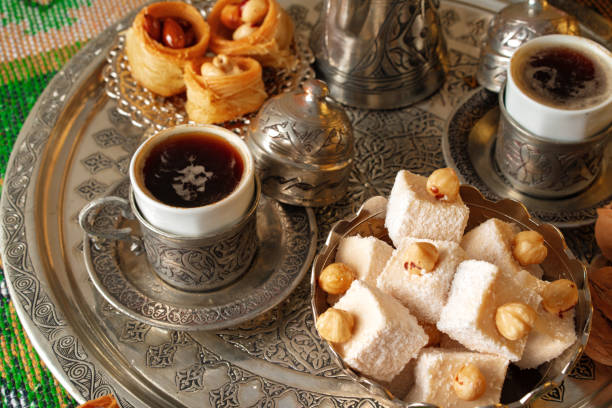 istock Turkish Coffee served with Turkish Delight on metal tray 1350125432