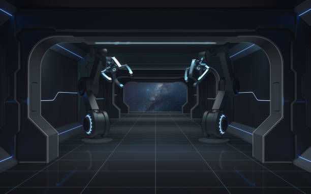 istock Robotic arms in the dark futuristic room, 3d rendering. 1350126607