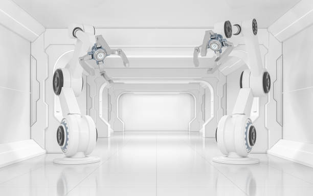 istock Robotic arms in the white futuristic room, 3d rendering. 1350129001