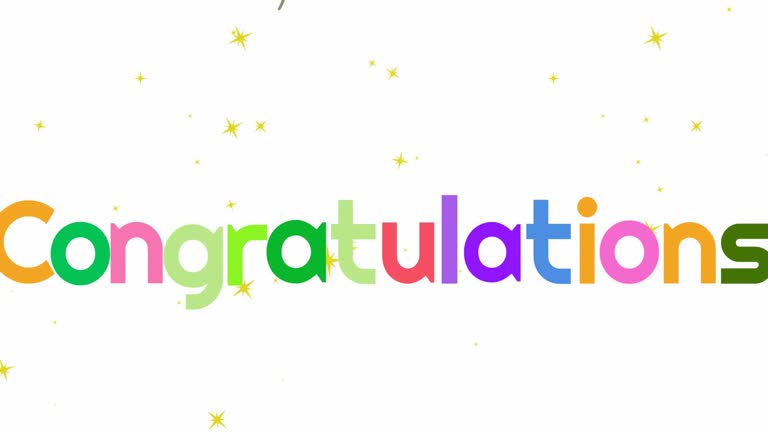 Animation of congratulations text over stars and balloons on white background