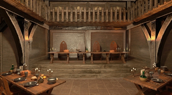 3D illustration medieval castle great hall interior