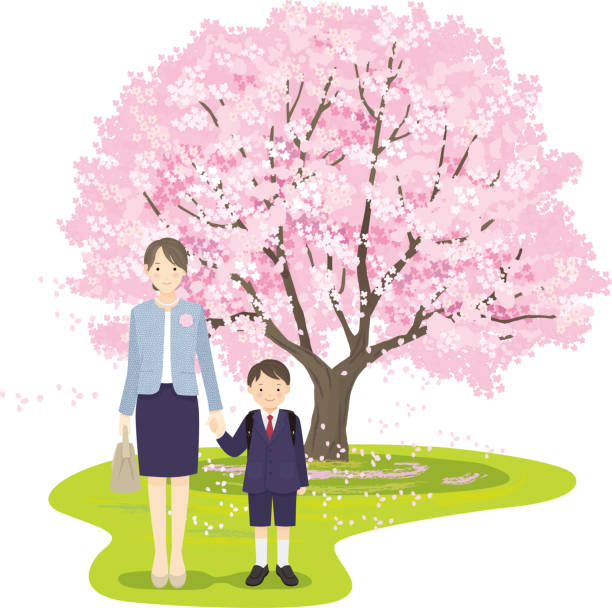 Mom and boy standing hand in hand in front of a cherry tree, entrance ceremony, new first grader Mom and boy standing hand in hand in front of a cherry tree, entrance ceremony, new first grader caricature portrait board stock illustrations