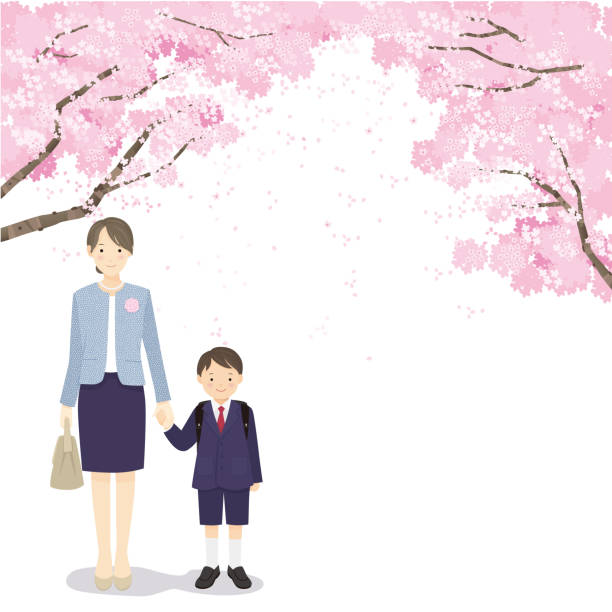 A mother and a first grade boy standing hand in hand under a cherry tree A mother and a first grade boy standing hand in hand under a cherry tree holding child flower april stock illustrations