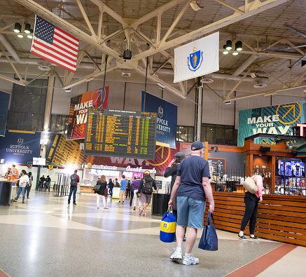 Boston, Massachusetts, USA- September 2021: Commuters in Boston South Station - train and bus  transportation Center serving central Boston.