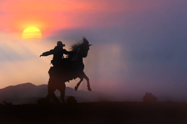 istock Cowboy silhouette on horseback with mountain view and sunset sky. 1350145049