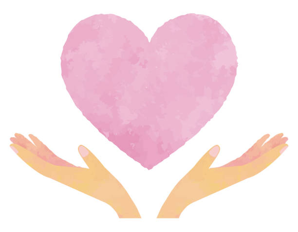 istock Pink heart floating on the palms of both hands / illustration material (vector illustration) 1350146104
