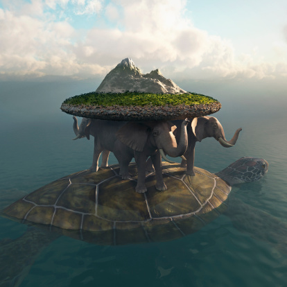 Discworld, a parallel universe drifting through space perched on top of elephants standing on the shell of a giant turtle