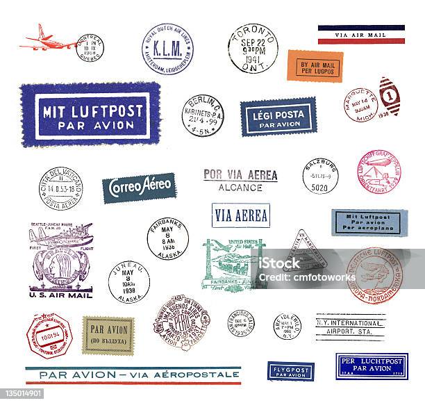 Vintage Airmail Labels And Stamps — стоковые фотографии и другие картинки Почтовая марка - Почтовая марка, Аляска - Штат США, Почтовый штемпель
