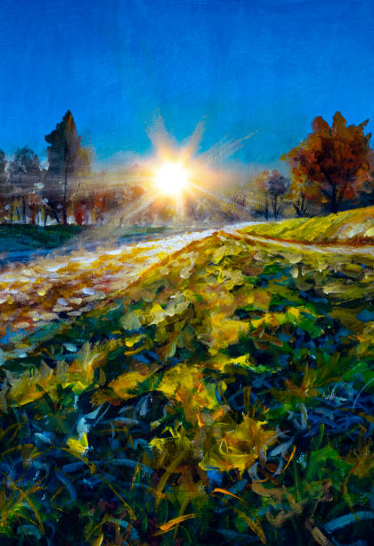 istock painting morning tree in sunrise sunset with sunbeams over beautiful river 1350149467