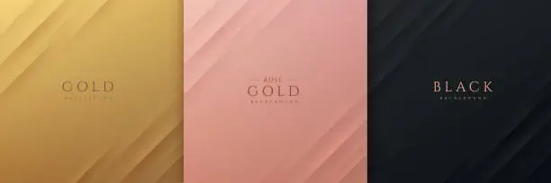 Vector illustration of Set of gold, black and rose gold abstract background with dynamic diagonal stripe lines and shadow. Modern and simple template banner collection design. Luxury and elegant concept. EPS10 vector