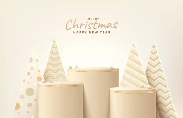 Vector illustration of Abstract realistic 3D brown and gold cylinder stand podium set with christmas tree. Merry christmas and happy new year scene for product display presentation. Vector rendering platform. Stage showcase