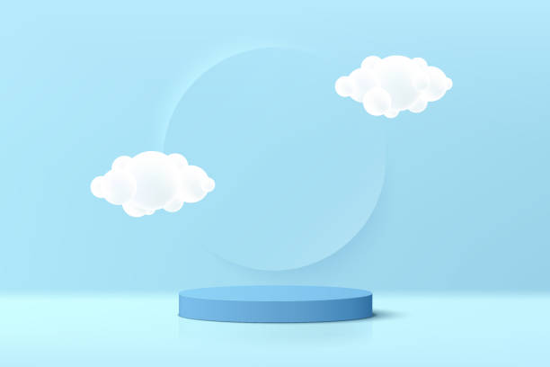 istock Abstract realistic 3D light blue cylinder pedestal podium with cloud flying and circle backdrop. Pastel blue minimal scene for product display presentation. Vector platform rendering. Stage showcase. 1350155442