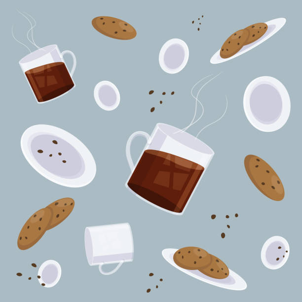 illustrations, cliparts, dessins animés et icônes de verres en verre avec thé chaud, soucoupes avec biscuits aux pépites de chocolat. style plat, fond clair. éléments pour la conception web. - hot chocolate cup chai heat