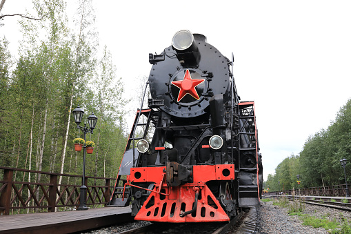 Details of ancient steam locomotive at railway station