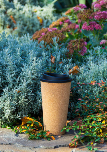 istock Reusable coffee cup. Outdoor coffee. Coffee cup in the park 1350167352