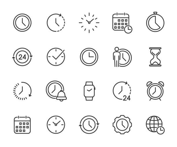 ilustraciones, imágenes clip art, dibujos animados e iconos de stock de conjunto vectorial de iconos de línea de tiempo. contiene iconos de reloj, calendario, despertador, temporizador, gestión de tiempo y más. píxel perfecto. - organizador electrónico