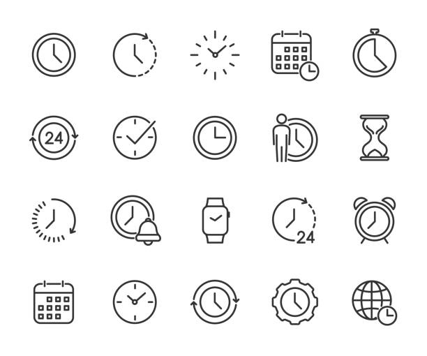 タイム ライン アイコンのベクター セット。時計、カレンダー、目覚まし時計、タイマー、時間管理などのアイコンが含まれています。ピクセルパーフェクト。 - clock face clock time deadline点のイラスト素材／クリップアート素材／マンガ素材／アイコン素材