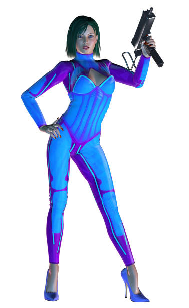istock Futuristic Warrior in a multicolored uniform, armed with gun, 3d illustration on White background 1350170303