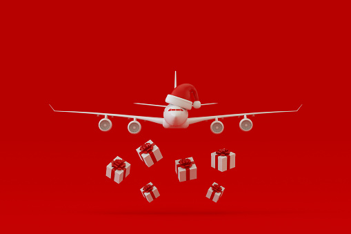 3d render, Airplane with Santa Hat and Gift Boxes, Christmas Holiday Travel Concept, Red Background.
