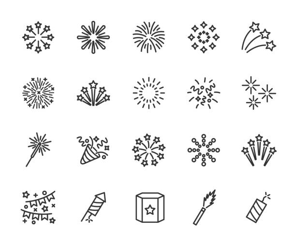wektorowy zestaw ikon linii fajerwerków. zawiera ikony petardy, iskierki, salutu, petardy, pudełka z fajerwerkami i innych. piksel idealny. - fireworks stock illustrations