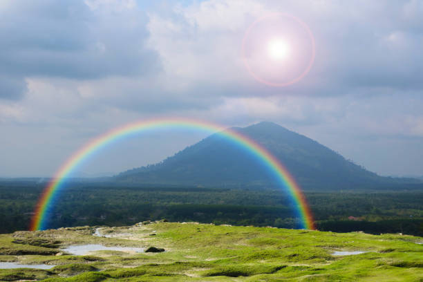 istock rainbow on the mountain and sun on the sky bacck white cloud 1350173442