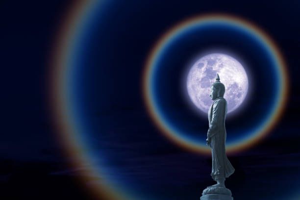 istock Moon corona light and Buddha looking seven day style on the night sky 1350173497