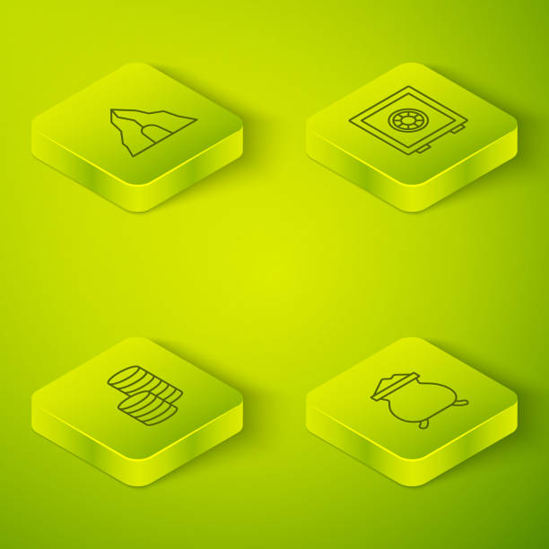 Set Isometric line Safe, Gold coin money, Molten gold being poured and mine icon. Vector Set Isometric line Safe Gold coin money Molten gold being poured and mine icon. Vector. heat transfer fluid stock illustrations