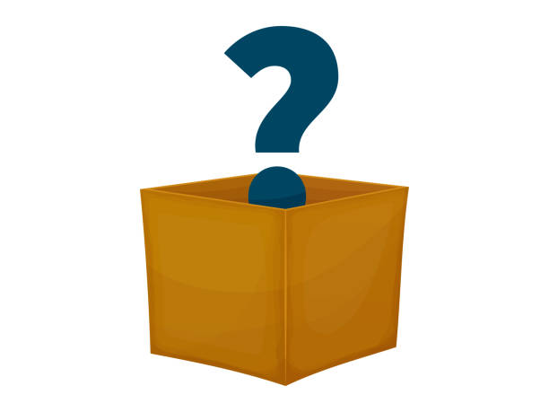istock Mystery contest cardboard box with question. Mystery box gift question icon. 1350179856