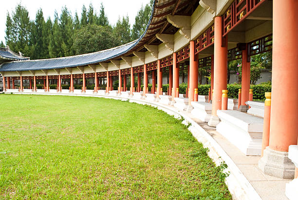 Image of walk way in Chinese temple with green grass.