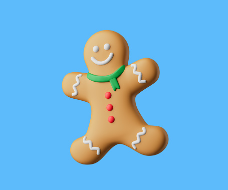 Chirtmas cookie gingerbread male with red buttons and green scarf 3d render illustration