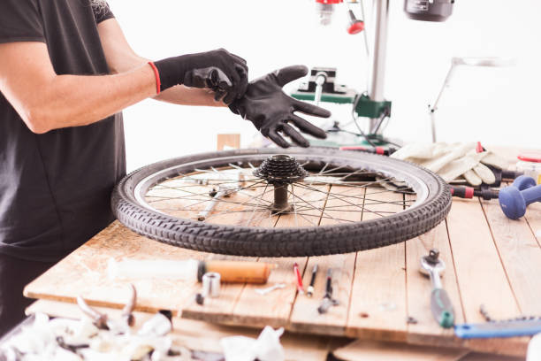 istock Mountain bike rear wheel servicing 1350183375