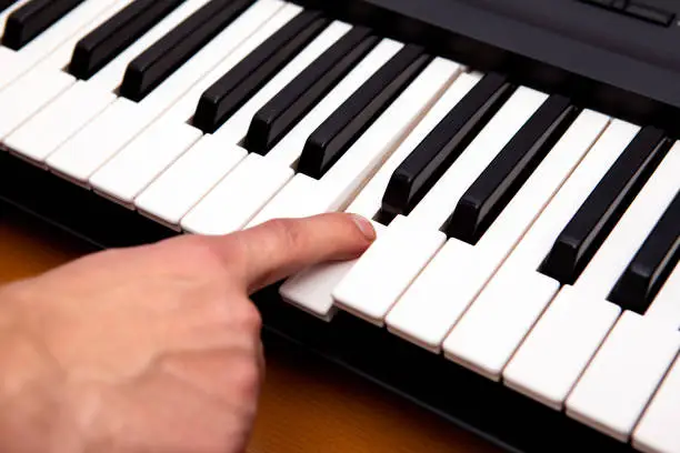 Hand and Piano Keyboard in the Room closeup