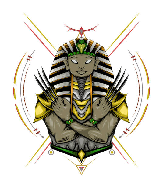 Illustration of Tutankhamen with wolverine claws on sacred geometry background Illustration of Tutankhamen with wolverine claws on sacred geometry background african warriors stock illustrations