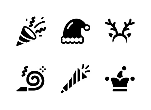 Simple Set of New Year Eve Party Related Vector Solid Icons. Contains Icons as Party Popper, Santa Hat, Deer Headband and more.