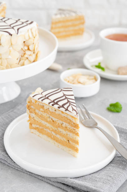 istock Traditional Esterhazy cake with almonds and pralines on a gray concrete background. Selective focus. Copy space. 1350190123