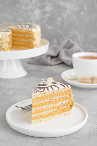 istock Traditional Esterhazy cake with almonds and pralines on a gray concrete background. Selective focus. Copy space. 1350190134