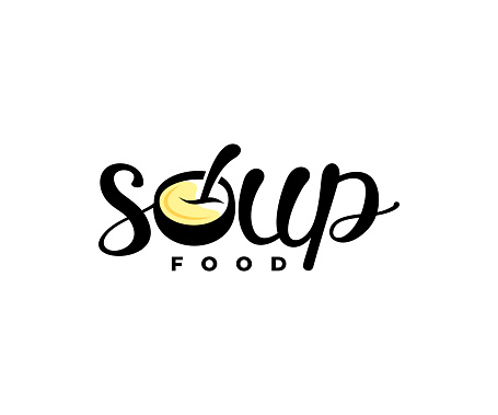 Soup, bowl with spoon, ramen soup, wordmark, lettering and typography, design. Food, meal, restaurant, catering and canteen, vector design and illustration