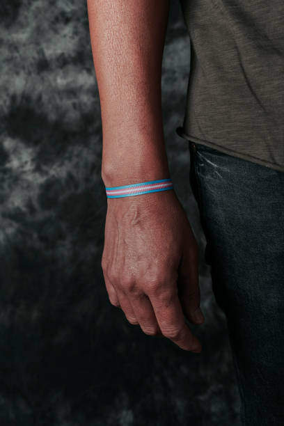 istock person wearing a transgender pride wristband 1350193921